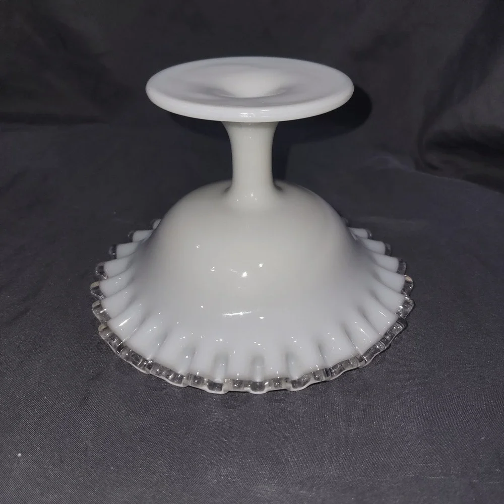 Vintage Fenton Silver Crest Ruffled Compote Milk Glass Pedestal Candy Dish